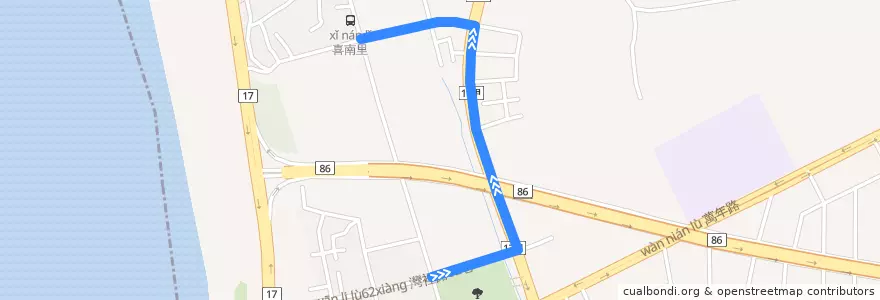 Mapa del recorrido 1路(繞駛喜東里_返程) de la línea  en 南区.