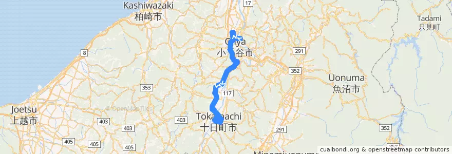 Mapa del recorrido 小千谷＝川西＝十日町（妻有大橋経由） de la línea  en 니가타현.