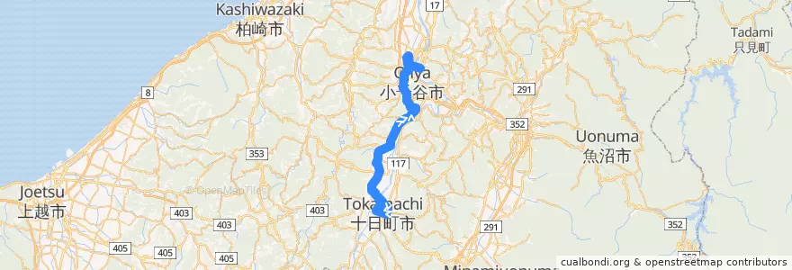Mapa del recorrido 十日町＝川西＝小千谷（妻有大橋経由） de la línea  en Prefectura de Niigata.