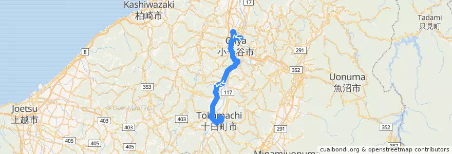 Mapa del recorrido 小千谷＝川西＝十日町 de la línea  en 니가타현.