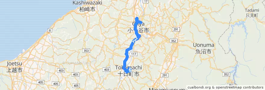 Mapa del recorrido 十日町＝川西＝小千谷 de la línea  en Niigata Prefecture.