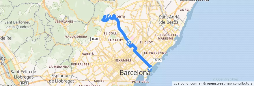 Mapa del recorrido V21 Pg. Marítim => Montbau de la línea  en Barcelona.