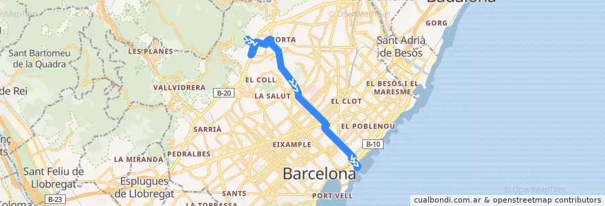 Mapa del recorrido V21 Montbau => Pg. Marítim de la línea  en Barcelona.
