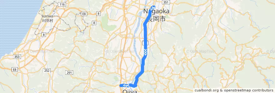 Mapa del recorrido 長岡駅前＝小千谷インタ de la línea  en 新潟県.