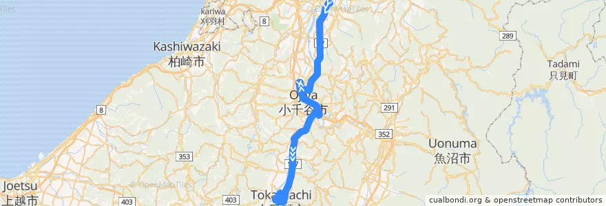 Mapa del recorrido 長岡駅前＝小千谷＝十日町（小千谷病院経由） de la línea  en Niigata Prefecture.