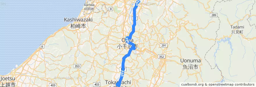 Mapa del recorrido 長岡駅前＝小千谷＝十日町（西線経由） de la línea  en 新泻县.