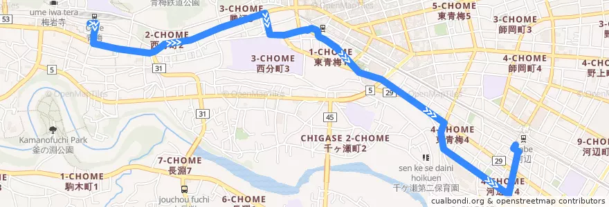 Mapa del recorrido 梅77丁 河辺駅南口行 de la línea  en 青梅市.
