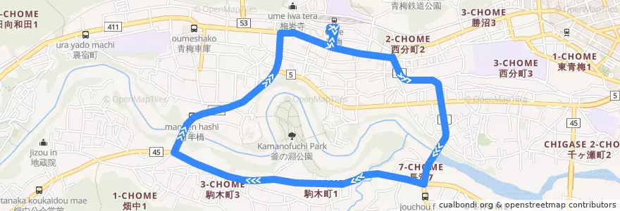 Mapa del recorrido 梅77乙 駒木町循環 （外回り） de la línea  en 青梅市.