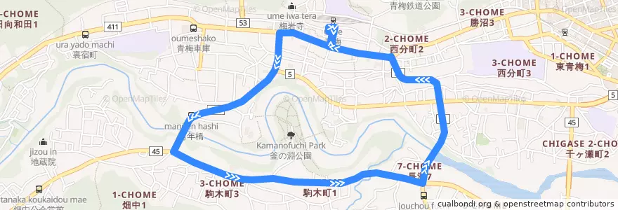 Mapa del recorrido 梅77乙 駒木町循環 （内回り） de la línea  en 青梅市.