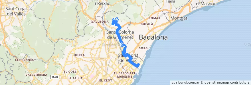 Mapa del recorrido B14 Santa Coloma de Gramenet Can Franquesa - Sant Adrià de Besòs Estació Rodalies de la línea  en Барселонес.