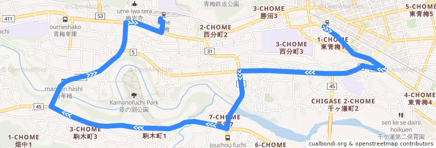 Mapa del recorrido 梅77丙 青梅駅行 de la línea  en 青梅市.