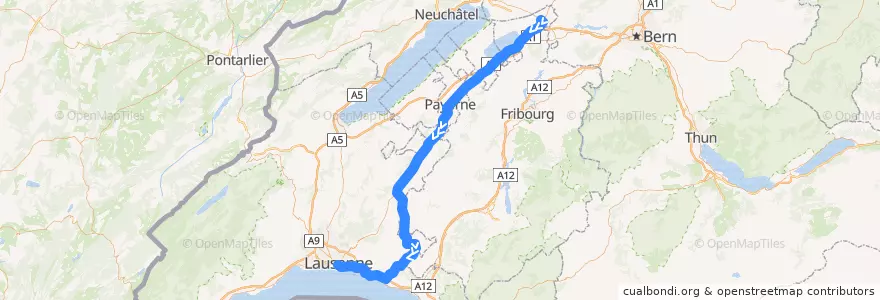 Mapa del recorrido S9: Kerzers => Lausanne de la línea  en Schweiz/Suisse/Svizzera/Svizra.
