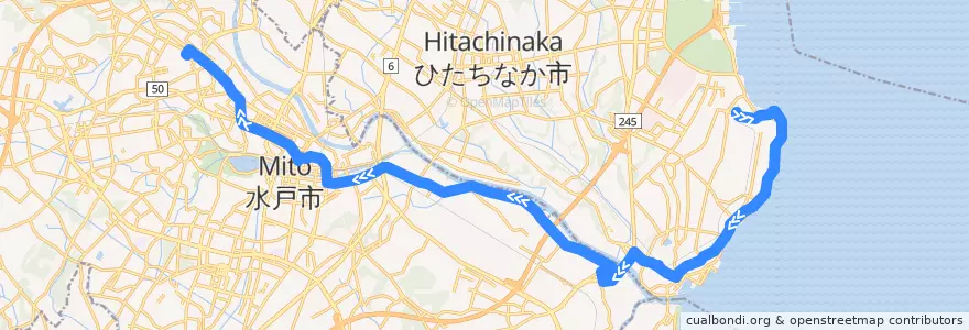 Mapa del recorrido 茨城交通バス28系統 阿字ヶ浦駅⇒平磯・大野⇒茨大前営業所 de la línea  en Prefectura de Ibaraki.