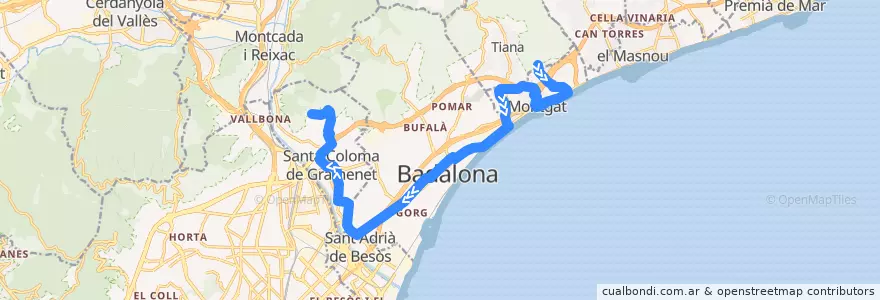 Mapa del recorrido M30 Tiana La Virreina - Santa Coloma de Gramenet Can Franquesa de la línea  en Барселона.