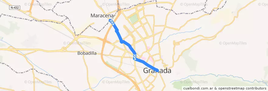 Mapa del recorrido Bus N3: Cerrillo de Maracena → Triunfo de la línea  en Granada.