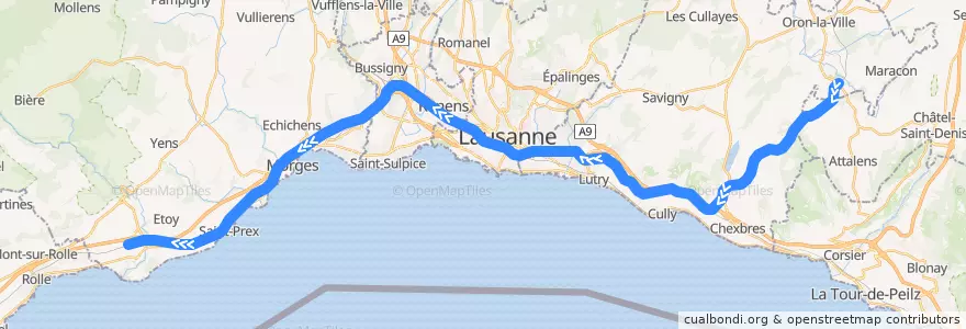 Mapa del recorrido S4: Palézieux => Allaman de la línea  en Vaud.