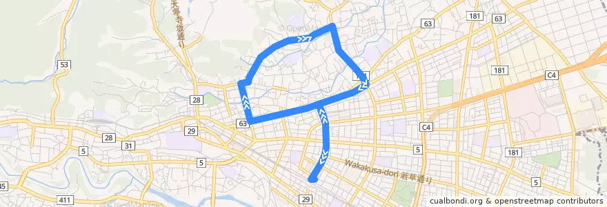 Mapa del recorrido 梅77甲折返 塩船循環 内回り de la línea  en 青梅市.