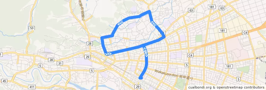 Mapa del recorrido 梅77甲折返 塩船循環 外回り de la línea  en 青梅市.