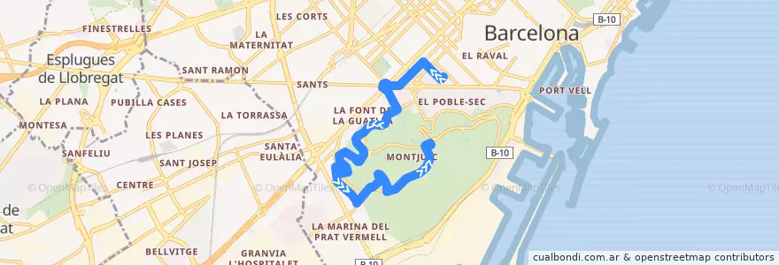 Mapa del recorrido 13 Mercat de Sant Antoni / Parc de Montjuïc de la línea  en Barcelona.