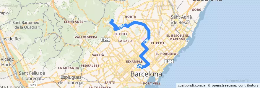 Mapa del recorrido 19 Pl. Catalunya => Sant Genís de la línea  en Barcelona.