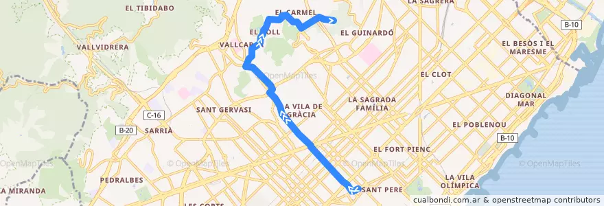 Mapa del recorrido 22 Pl. Catalunya => El Carmel de la línea  en 바르셀로나.