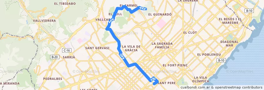 Mapa del recorrido 22 El Carmel => Pl. Catalunya de la línea  en Barcelona.