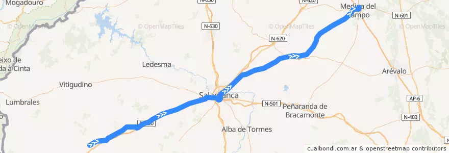 Mapa del recorrido Vilar Formoso-Línea Medina del Campo de la línea  en Salamanca.