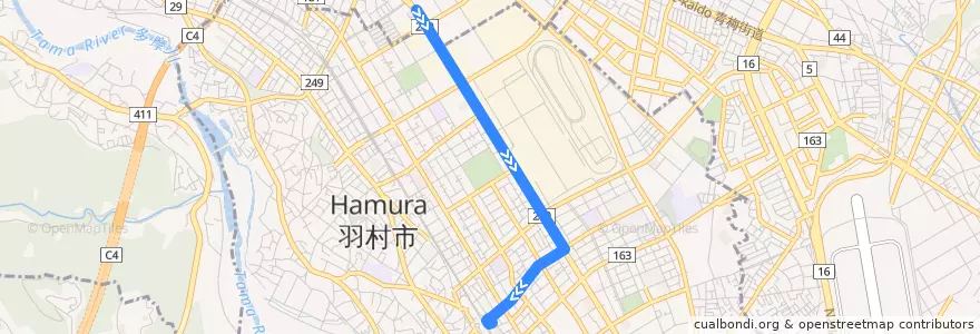 Mapa del recorrido 羽30 羽村駅東口行 de la línea  en 羽村市.