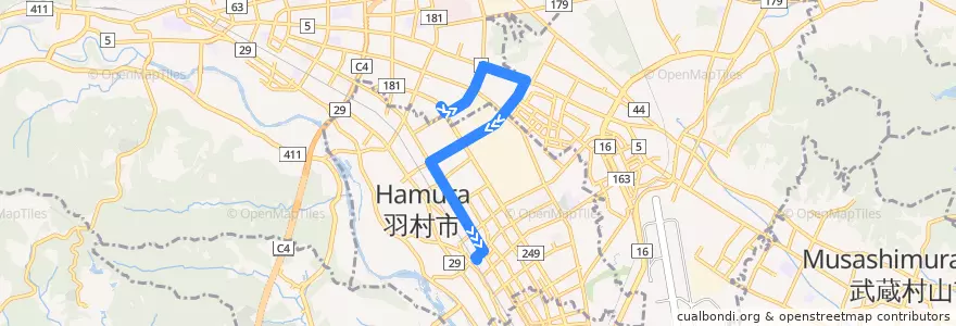 Mapa del recorrido 羽33 西回り 羽村駅東口行 de la línea  en Tokio.