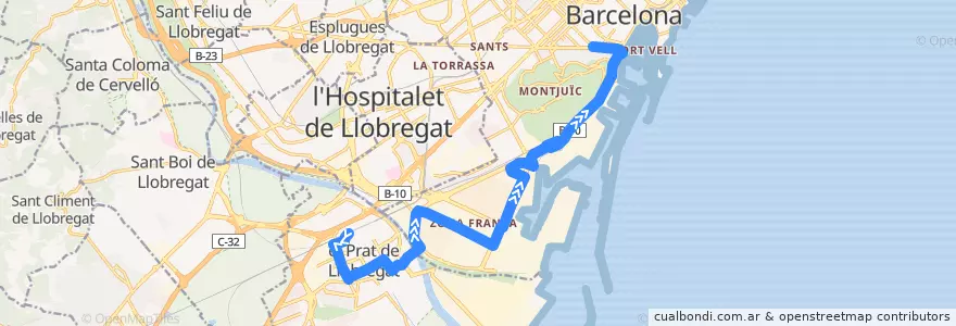 Mapa del recorrido 21 Paral·lel / El Prat de la línea  en Barcelona.