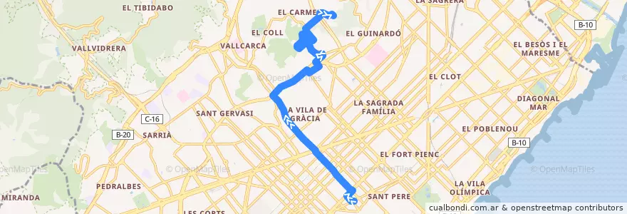 Mapa del recorrido 24 Pl. Catalunya => El Carmel de la línea  en Barcelona.