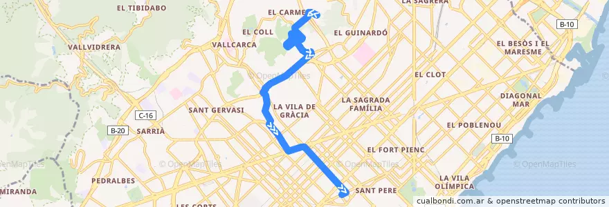 Mapa del recorrido 24: El Carmel => Pl. Catalunya de la línea  en Barcelone.