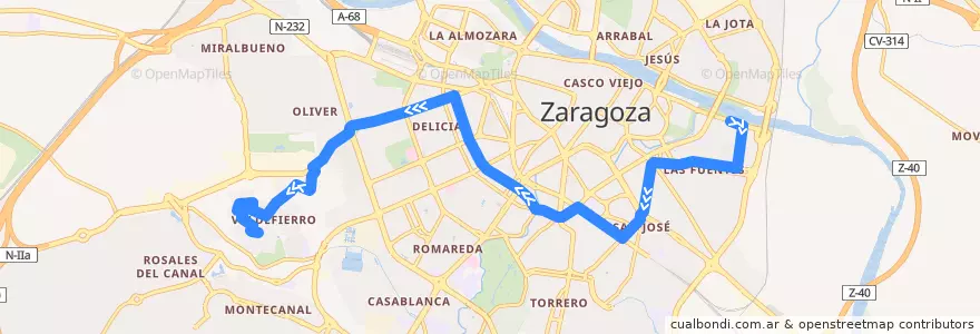Mapa del recorrido Bus 24: Las Fuentes => Valdefierro de la línea  en Saragozza.