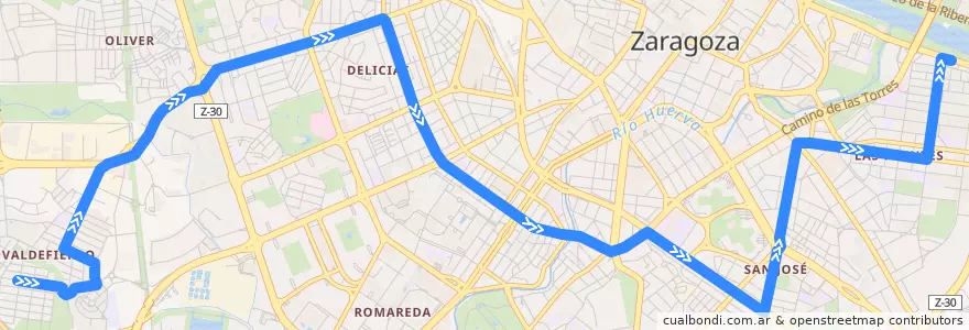 Mapa del recorrido Bus 24: Valdefierro => Las Fuentes de la línea  en Zaragoza.