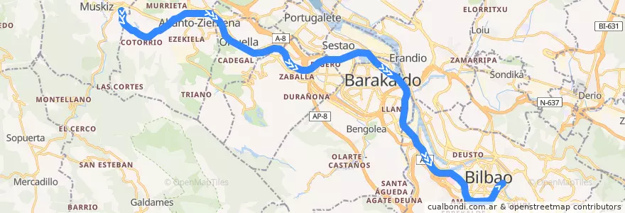 Mapa del recorrido C-2 (Muskiz → Bilbao-Abando) de la línea  en Grand-Bilbao.