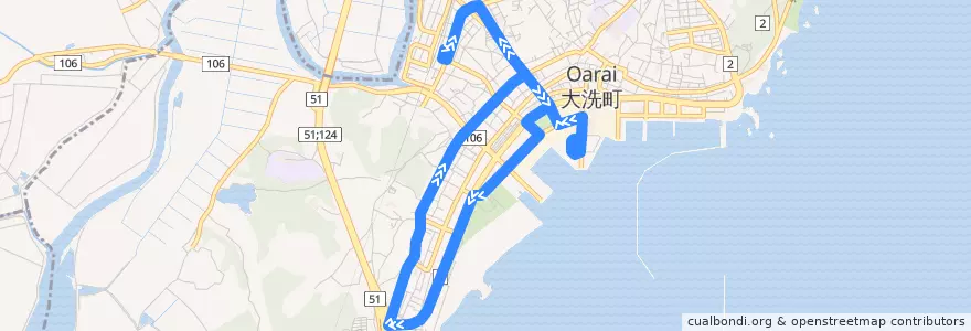 Mapa del recorrido 大洗町循環バス海遊号 大洗サンビーチルート de la línea  en Oarai.
