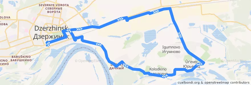 Mapa del recorrido Автобус №106/Т-106 (Автовокзал – Юрьевец) de la línea  en Dzerzhinsk.