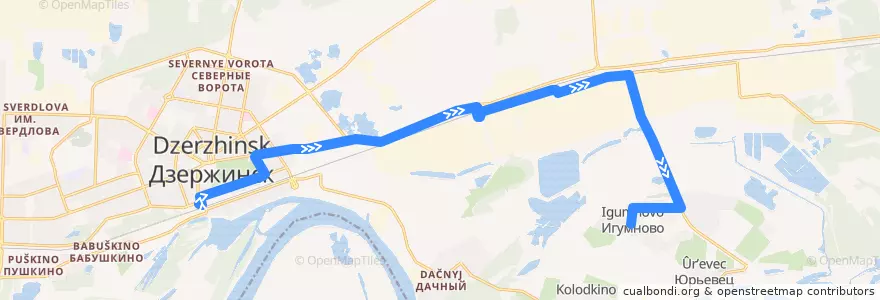 Mapa del recorrido Автобус №107 (Автовокзал – Игумново) de la línea  en Dzerzhinsk.