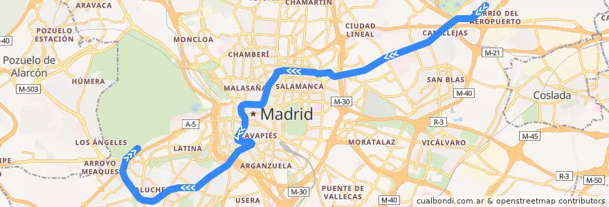 Mapa del recorrido Línea 5: Alameda de Osuna-Casa de Campo de la línea  en Madrid.