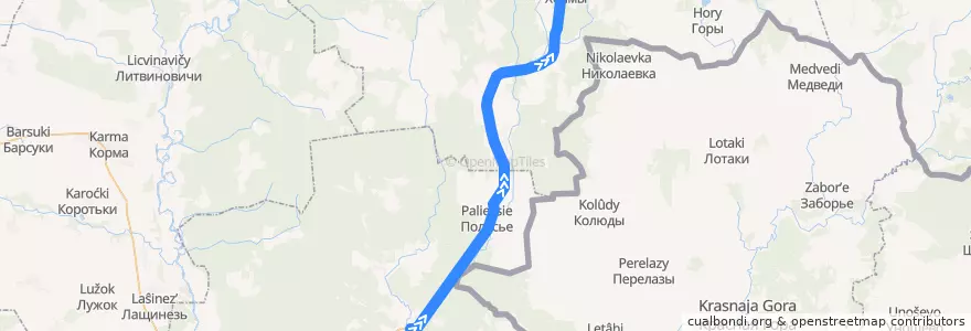 Mapa del recorrido Костюковичи-Гомель de la línea  en Beyaz Rusya.