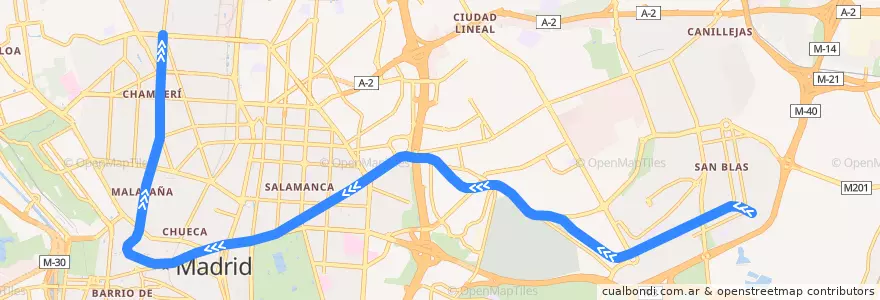 Mapa del recorrido Línea 2: Las Rosas-Cuatro Caminos de la línea  en Мадрид.