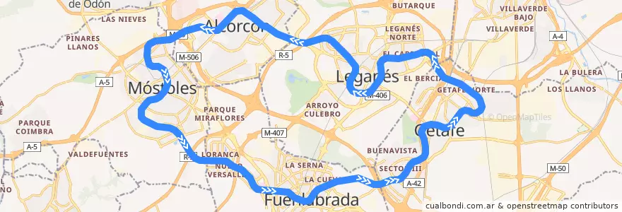 Mapa del recorrido Línea 12. Metrosur de la línea  en Área metropolitana de Madrid y Corredor del Henares.