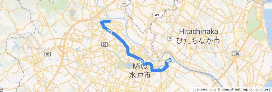Mapa del recorrido 茨城交通バス2系統 若宮団地⇒水戸駅⇒渡里ゴルフセンター de la línea  en 水戸市.
