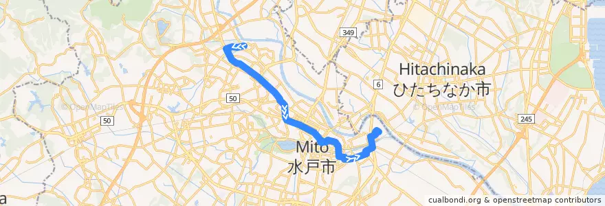 Mapa del recorrido 茨城交通バス2系統 渡里ゴルフセンター⇒水戸駅⇒若宮団地 de la línea  en Мито.