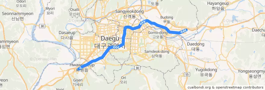 Mapa del recorrido 대구 도시철도 1호선 de la línea  en Daegu.