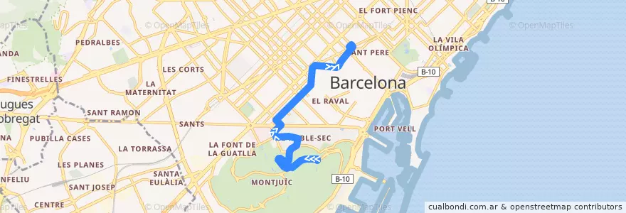 Mapa del recorrido 55 Parc de Montjuïc => Pl. Urquinaona de la línea  en Barcelona.