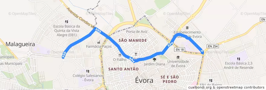 Mapa del recorrido 33 Senhora da Saúde - Fontanas de la línea  en Évora.