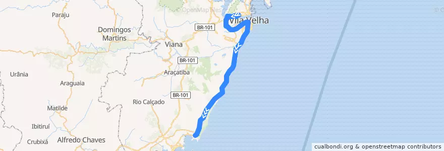 Mapa del recorrido 034/0 Dom Bosco / Setiba via Rod do Sol de la línea  en Região Metropolitana da Grande Vitória.