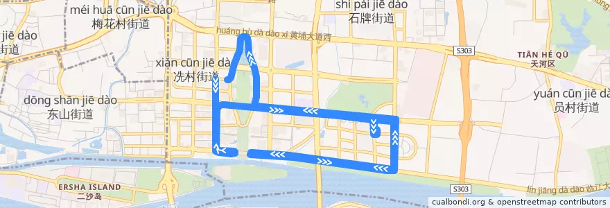 Mapa del recorrido 旅游观光2线(珠江新城总站环线) de la línea  en 猎德街道.