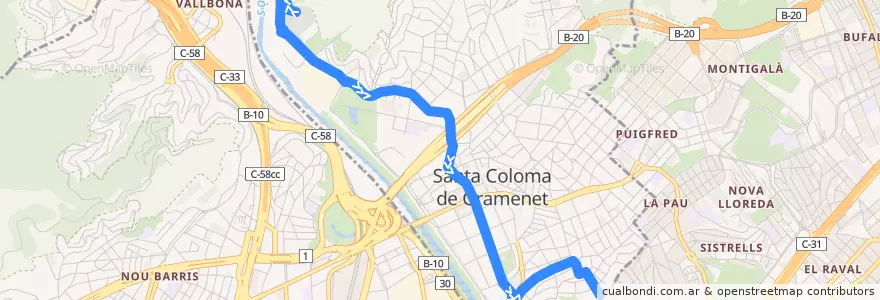 Mapa del recorrido B84 SANTA COLOMA DE G. (CEMENTIRI-SANTA ROSA) de la línea  en Santa Coloma de Gramenet.